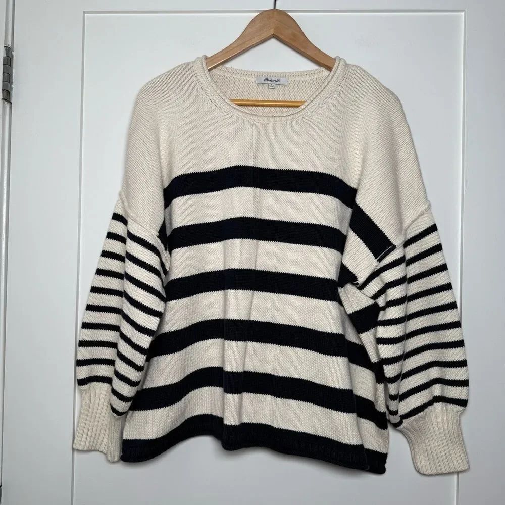 Madewell Sweater Womens Sz L White Black Striped Balloon Sleeve Nautical Casual